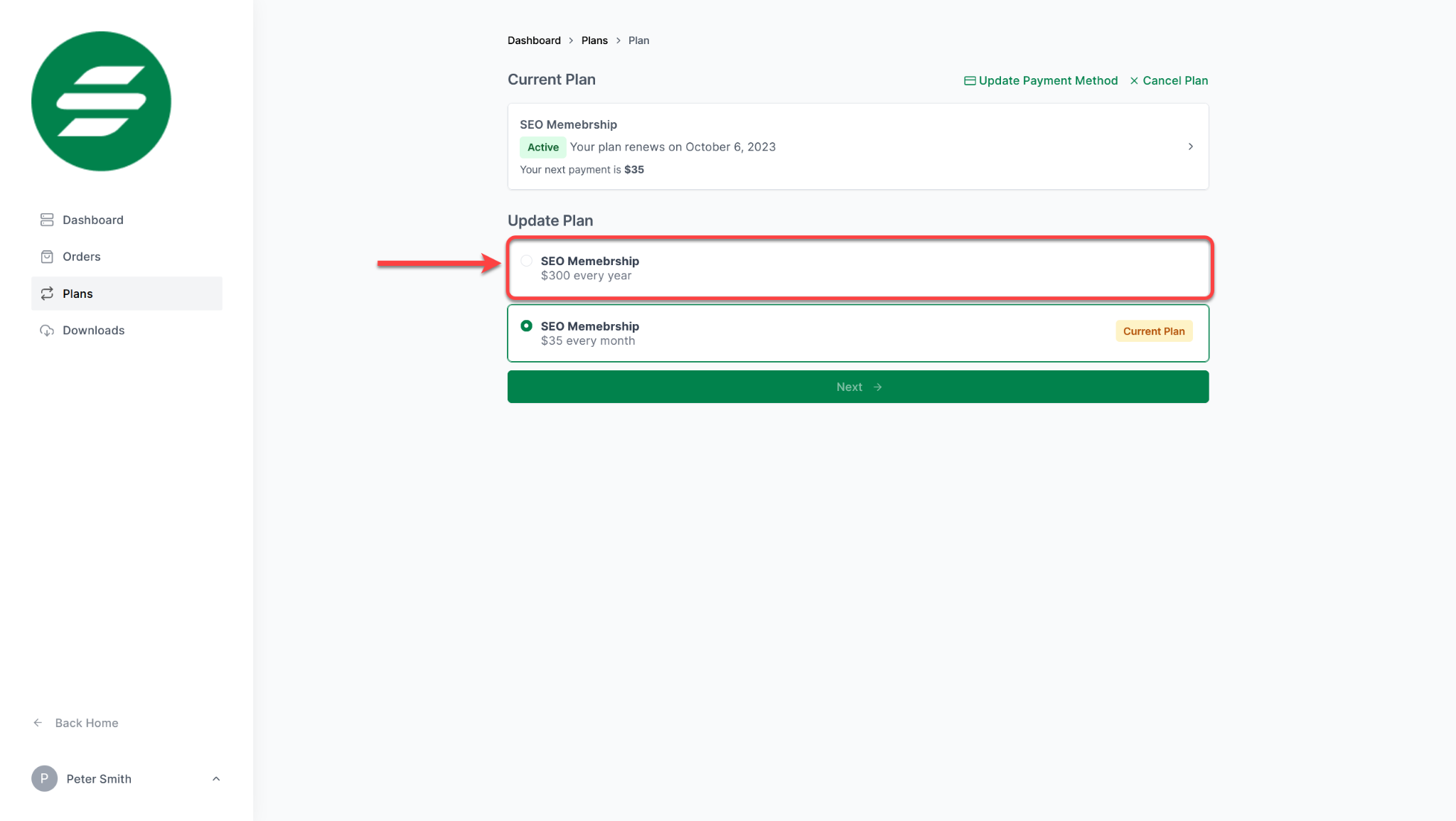 SureCart Customer Dashboard Upgrade Plan