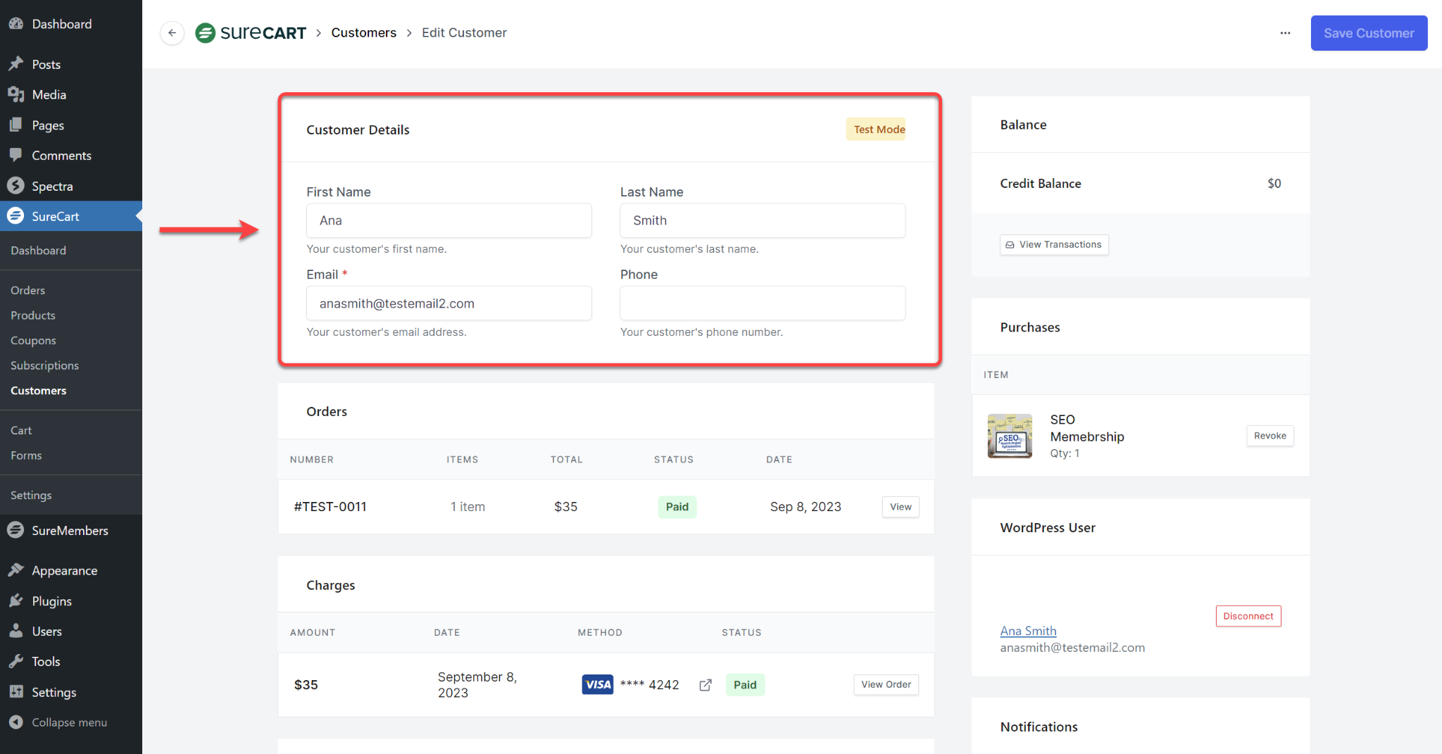 SureCart Customer Details