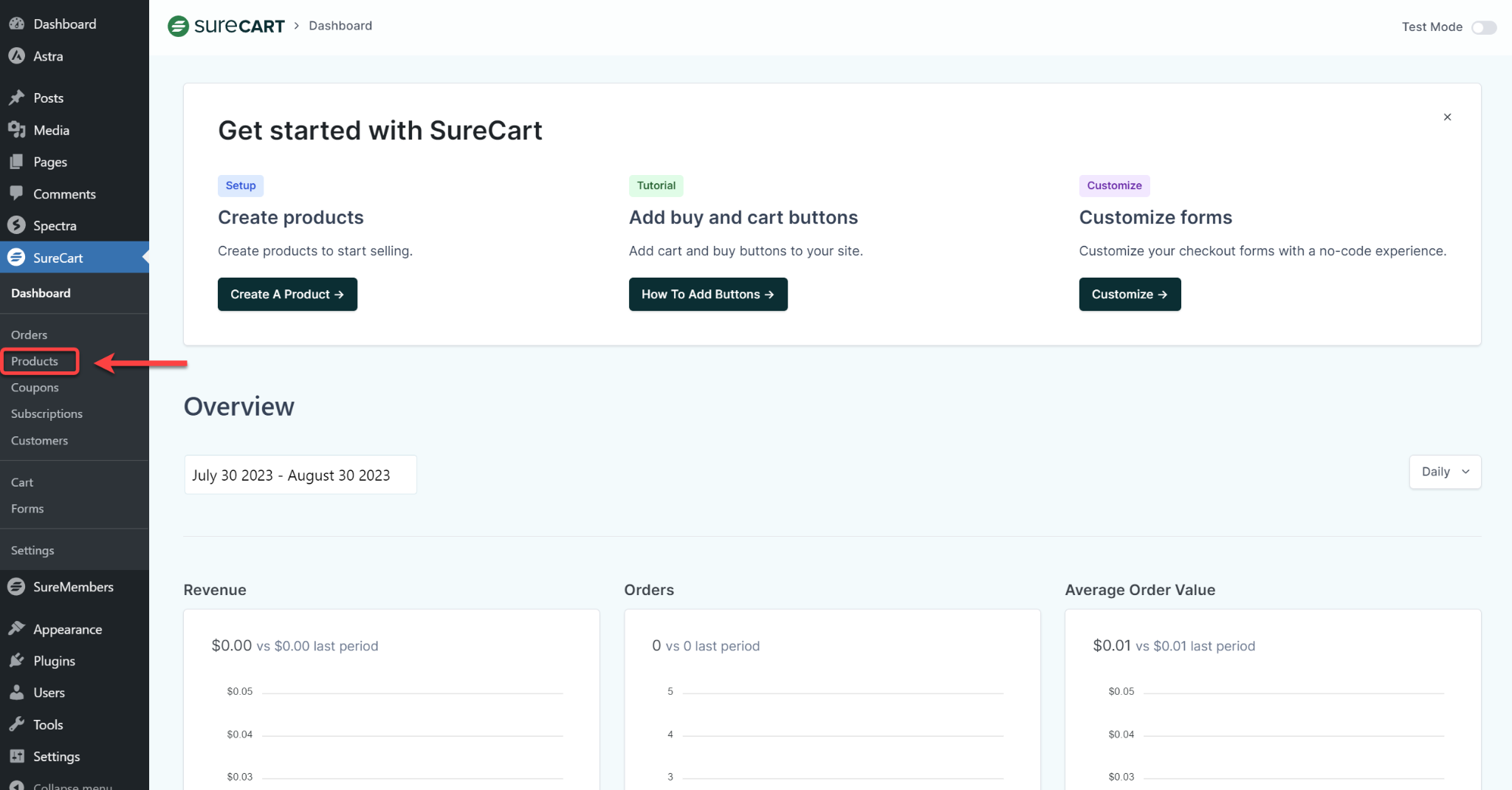 SureCart Products tab