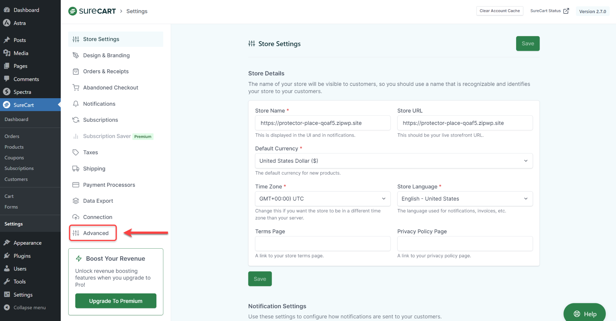 SureCart Settings Advanced