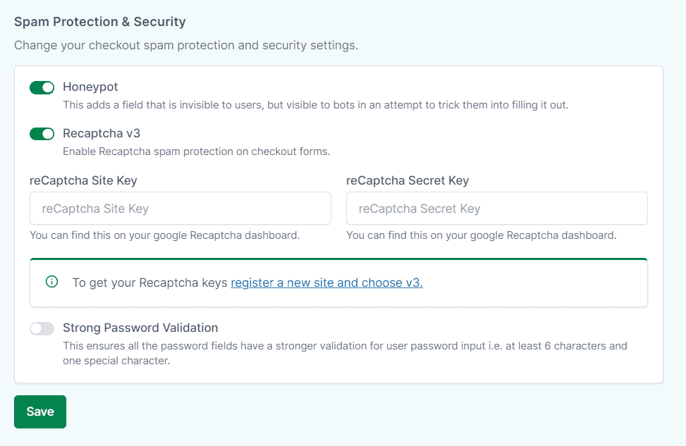 SureCart Google reCAPTCHA v3 field to enter security key and secret key