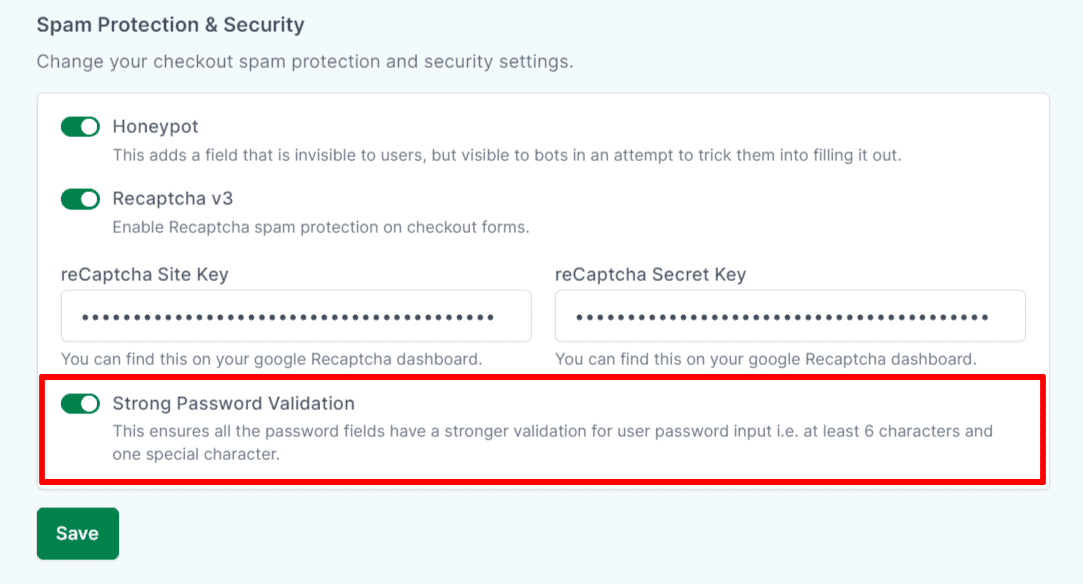 Strong password validation option on SureCart