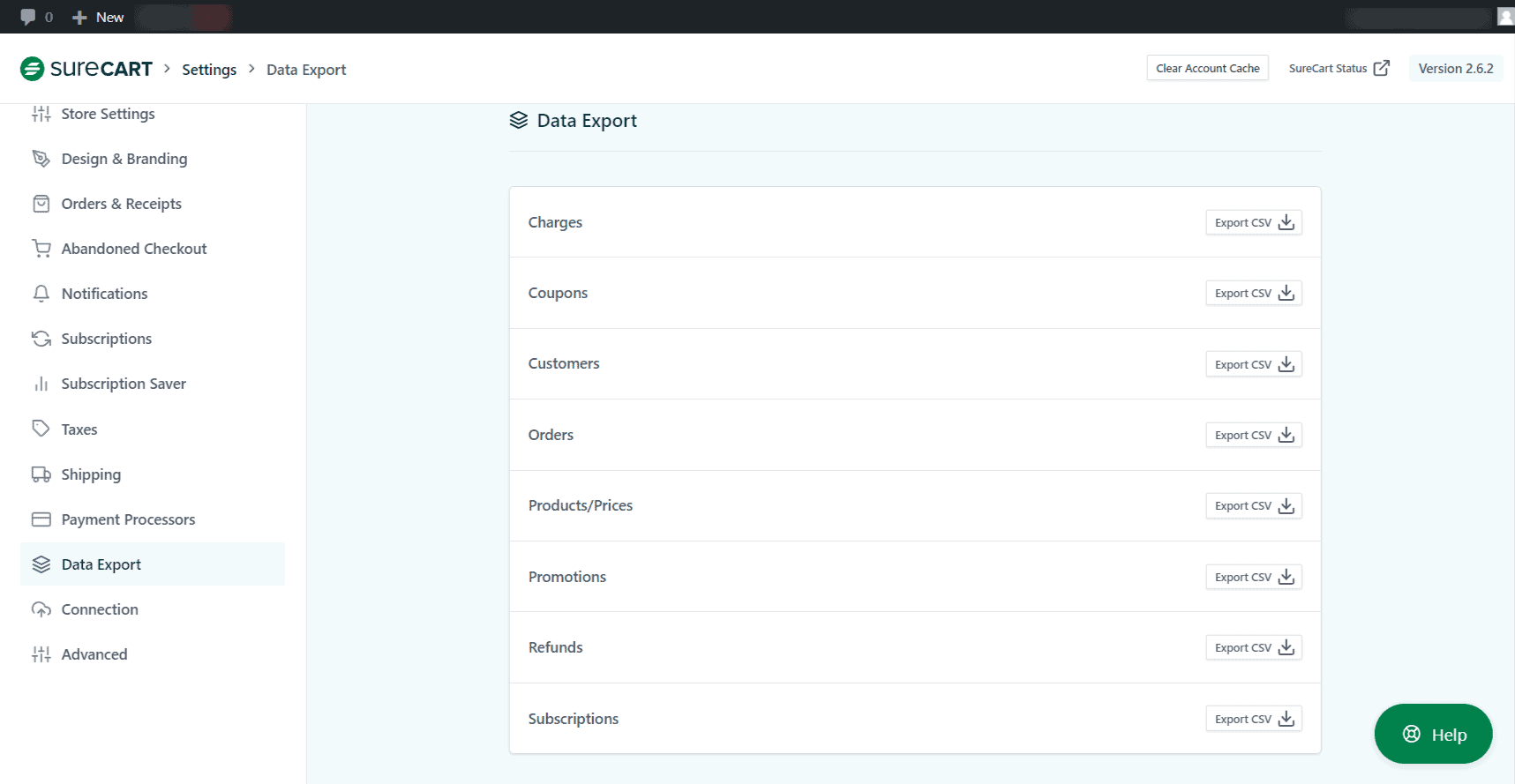 SureCart Data Export screen on WordPress Dashboard