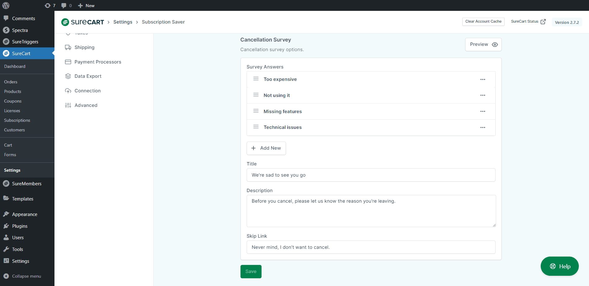 Cancellation Survey settings