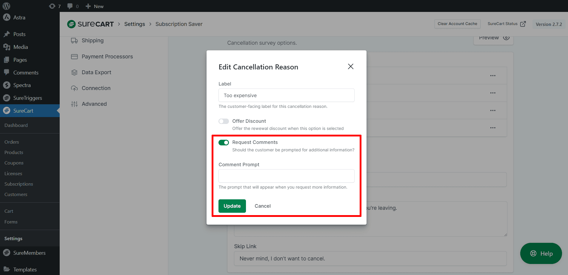 request comments option in SureCart