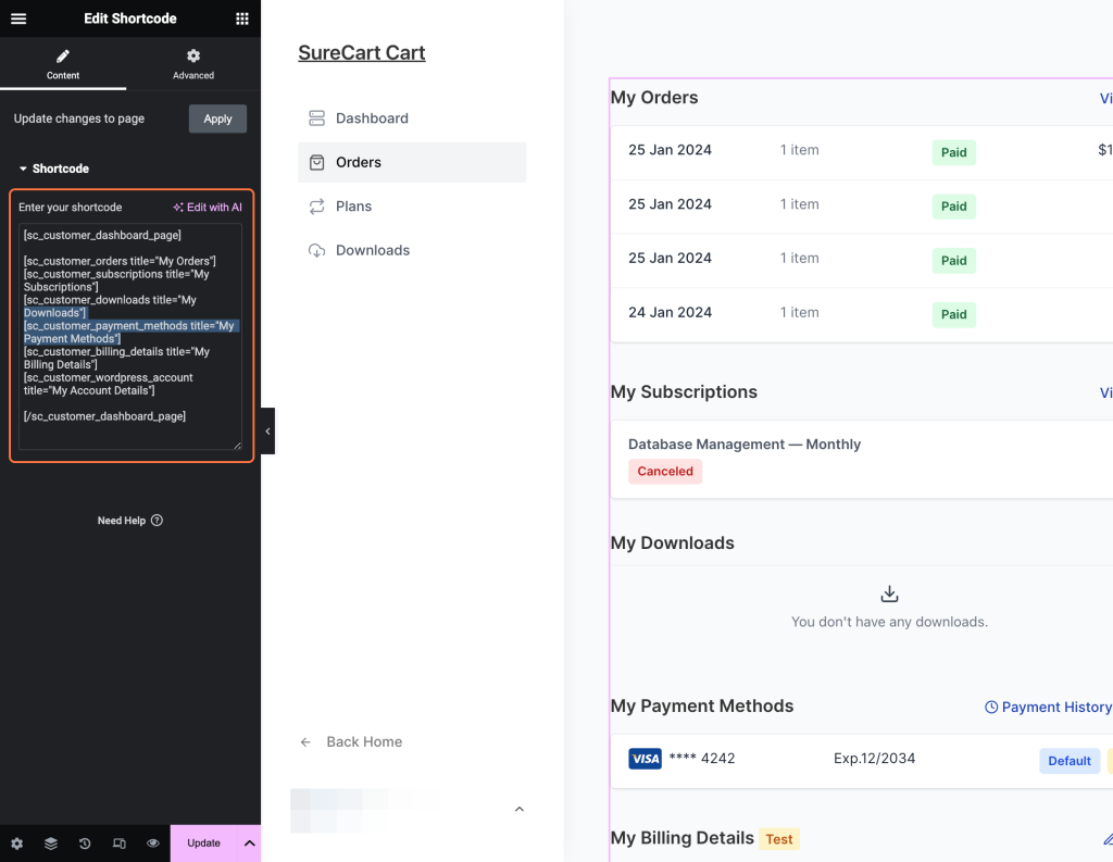 Customer Dashboard shortcode