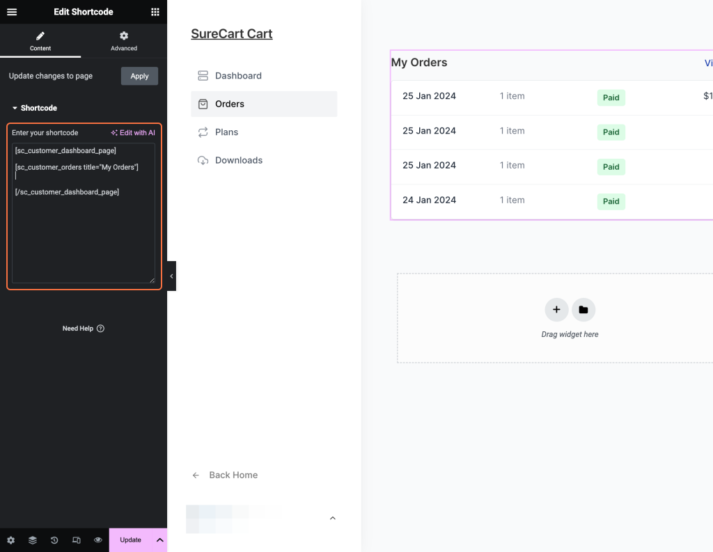 My Orders as a shortcode