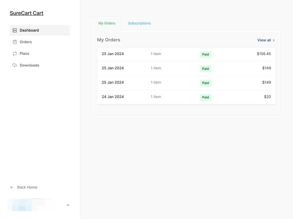 Customer dashboard page with different tabs