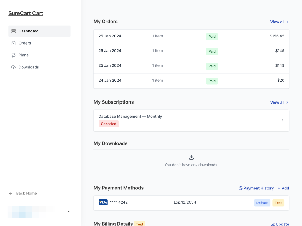 Customer dashboard with all shortcodes