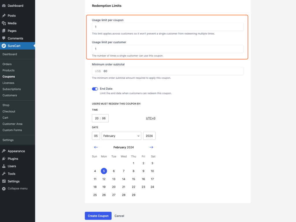 Usage limit per coupon and customer