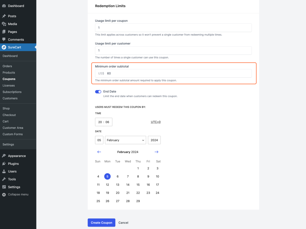 Minimum order subtotal