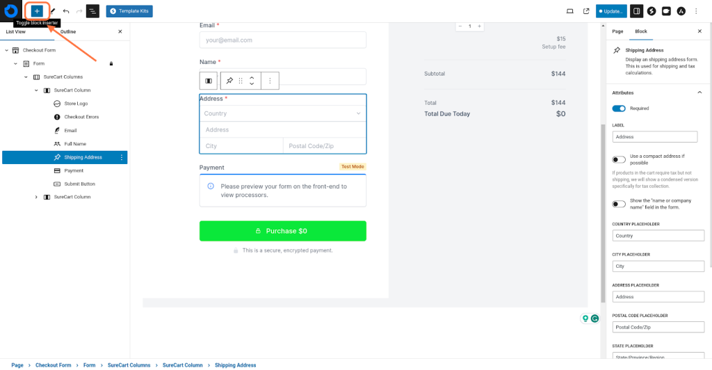 Click on the Toggle block inserter