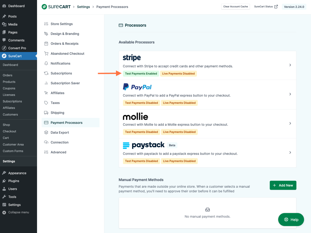 Test Payments Enabled on dashboard settings