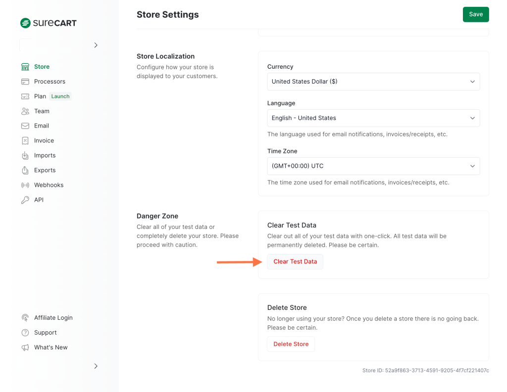 After logging in, you will be redirected to the Settings page, where you can click "Clear Test Data".