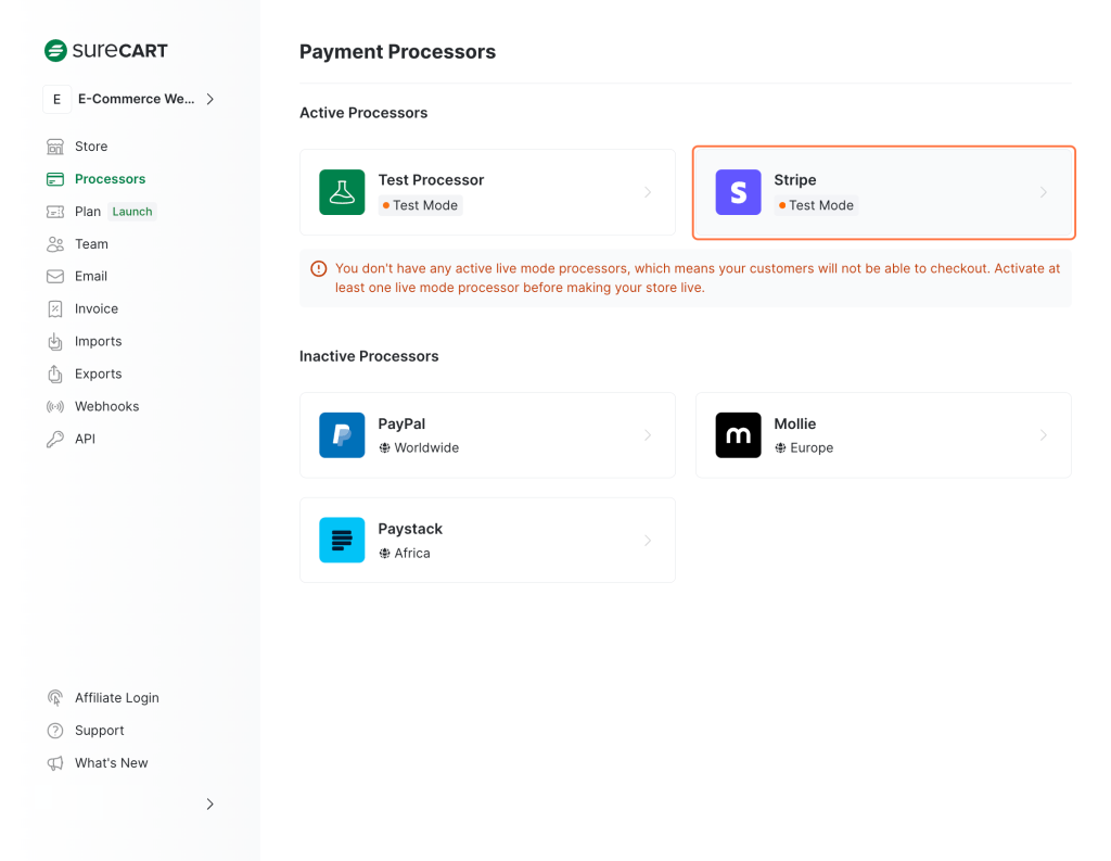 Choose the payment processor you want to disable. Here, we only have "Stripe" enabled in test mode. 