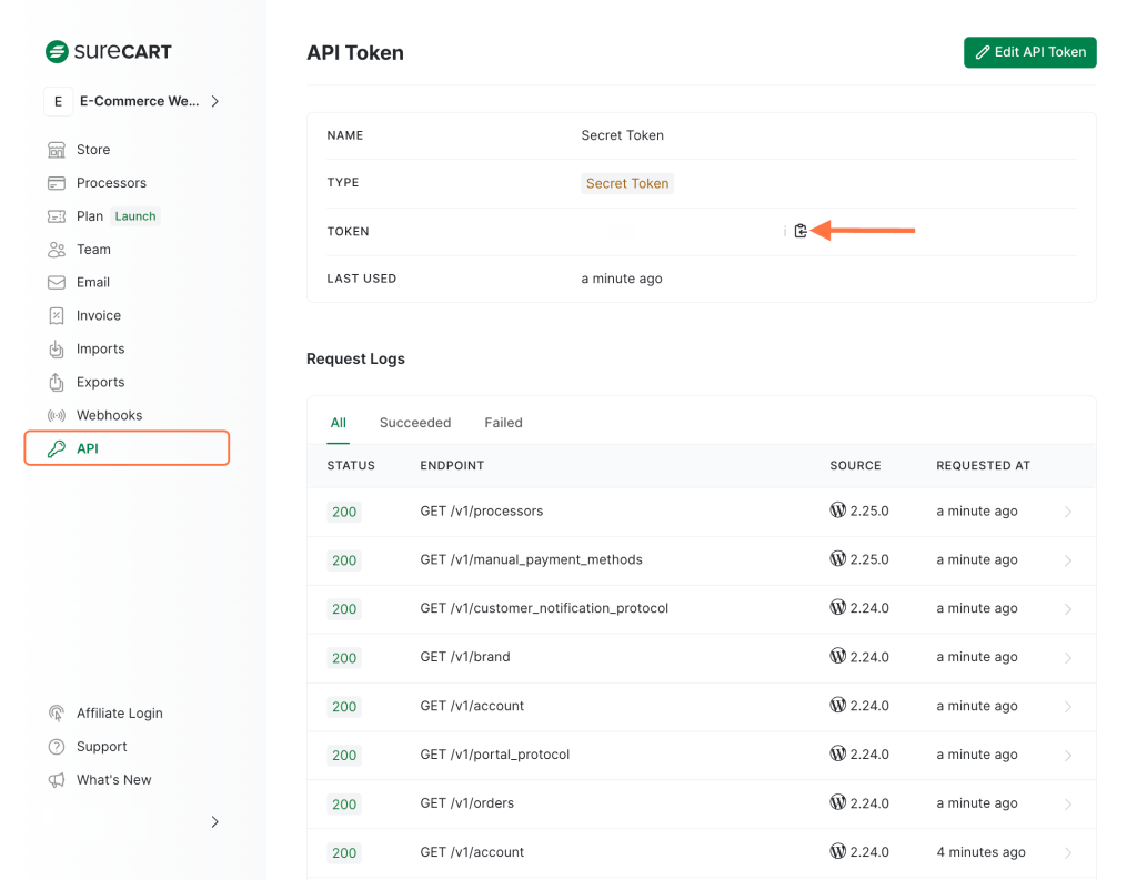 Copy the API from app.surecart.com at API > Secret Token