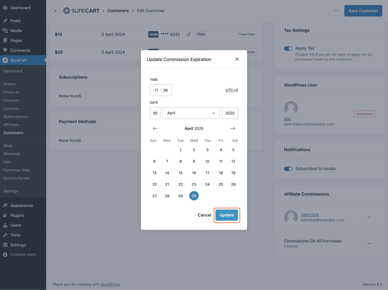 Set time and date for commission expiration