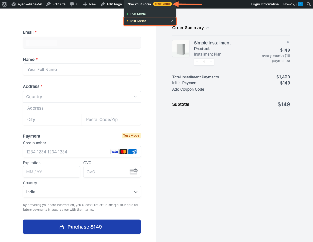 Enable test mode via the checkout form admin bar