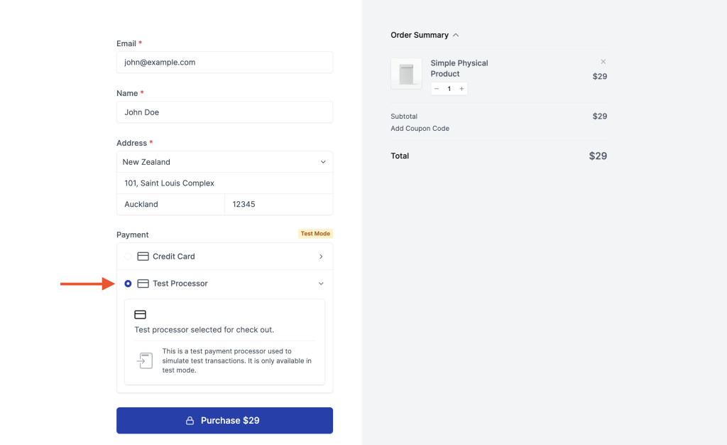 Test processor example on checkout