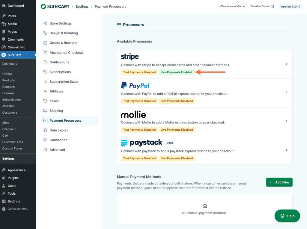 Live Payments Enabled from WordPress dashboard