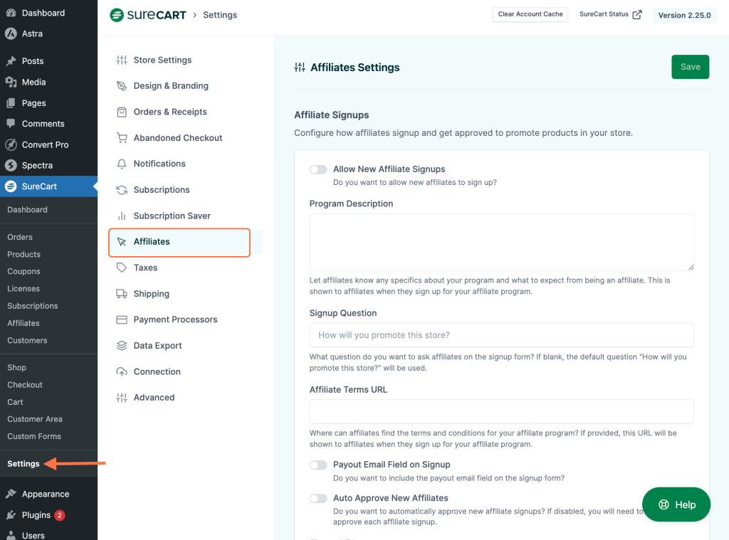 go to SureCart Settings > Affiliates