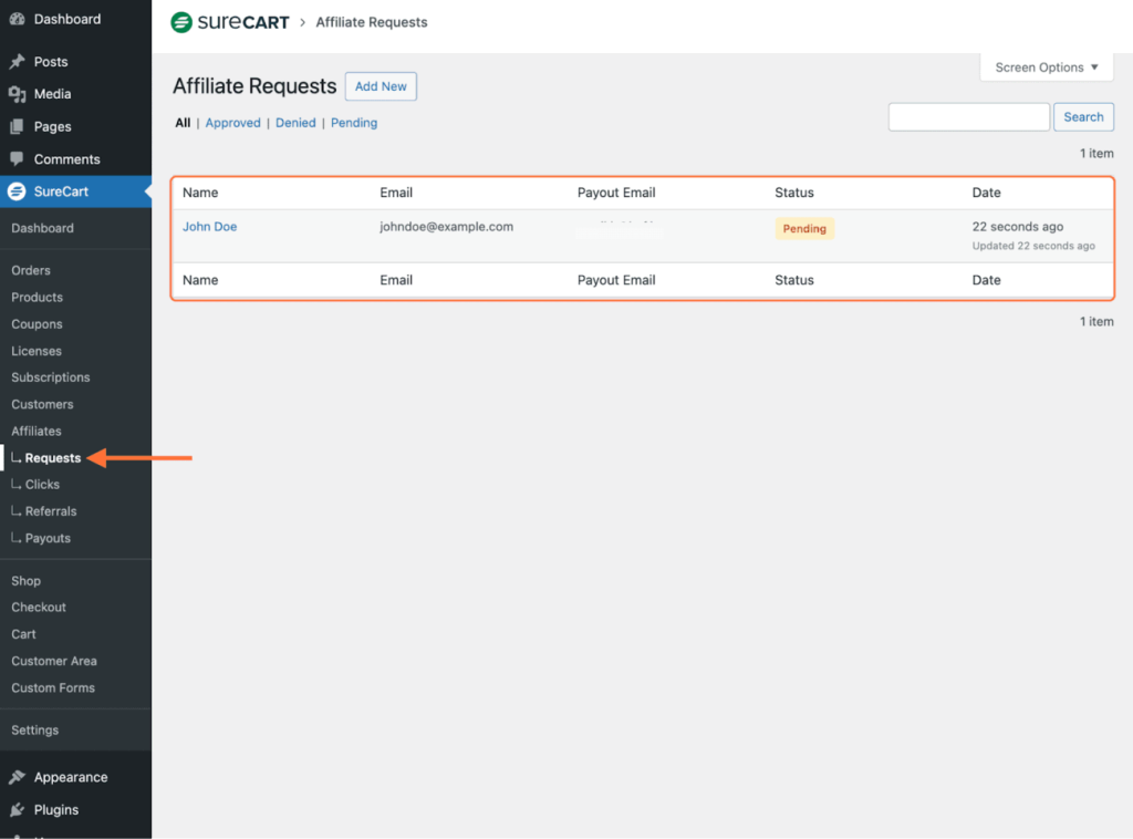 SureCart > Affiliates > Requests