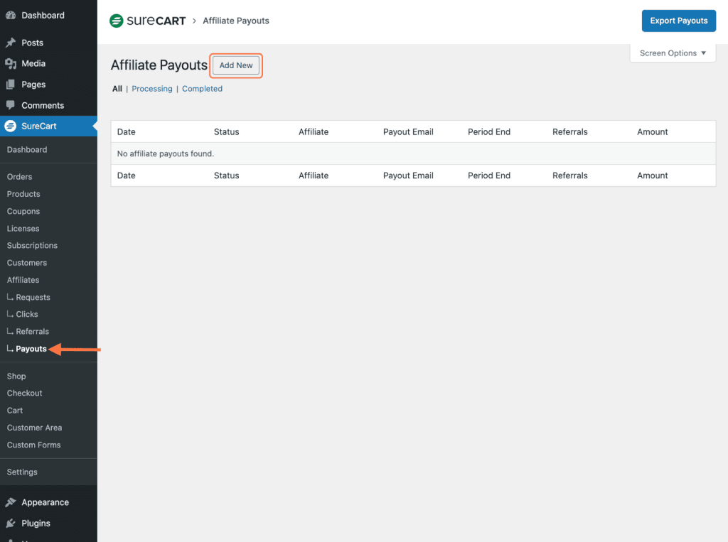 SureCart > Payouts > Add New