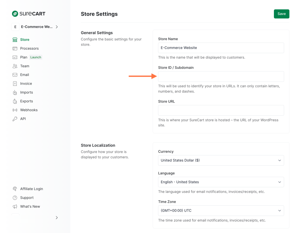 store ID/subdomain field